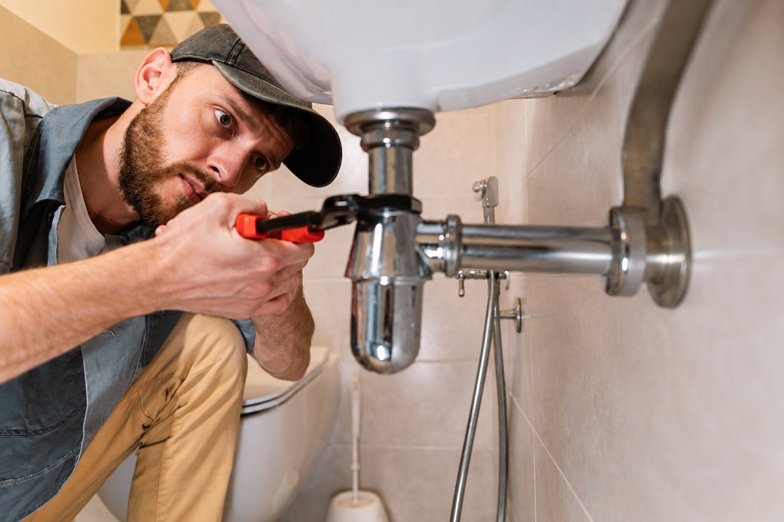 Plumber connecting a toilet cistern with an adjustable spanner